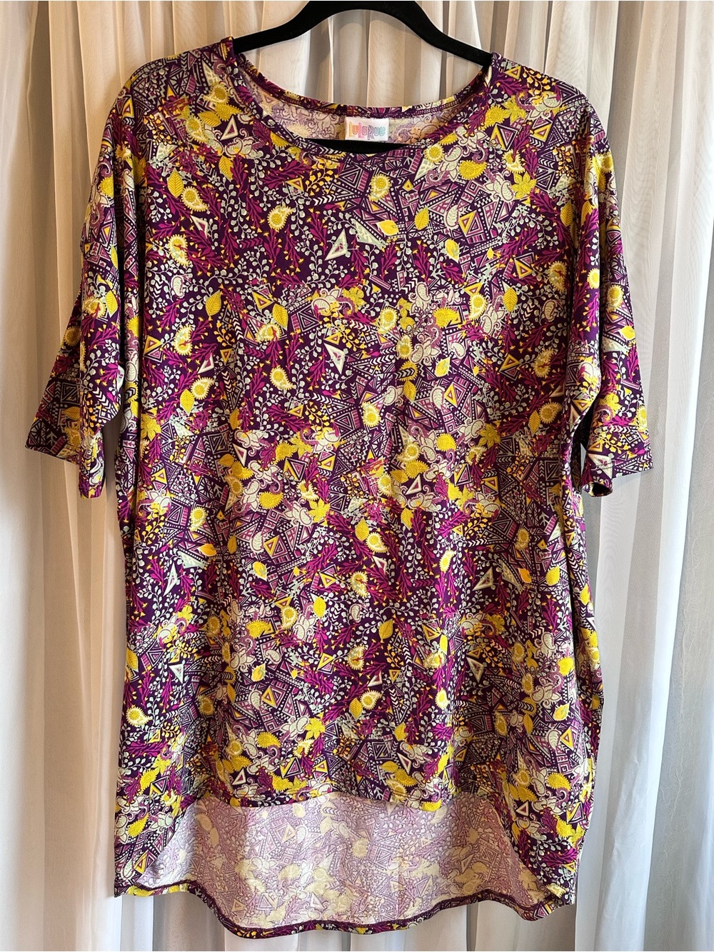 Lularoe Irma Oversized Purple Yellow Floral Geometric Short-Sleeve Top Size M
